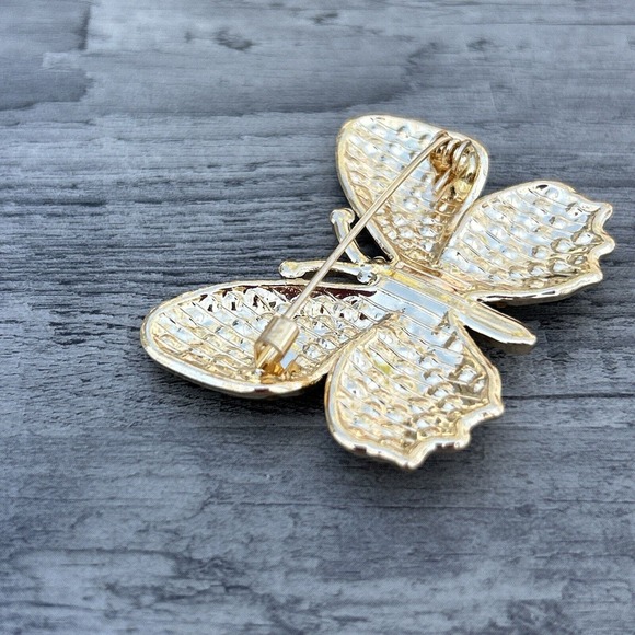 Butterfly Brooch Pin Pave Goldtone Metal Multicolored Crystals Modern - Picture 8 of 11